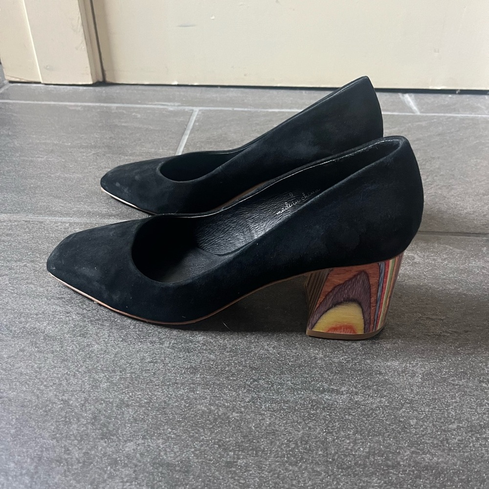 Charlotte Stone Square Toe Block Heels Black with Colorful Wood Heel
